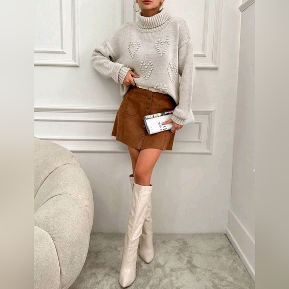 New Chic Knit Textured Heart Turtleneck Sweater Top Beige Tan - Picture 2 of 7